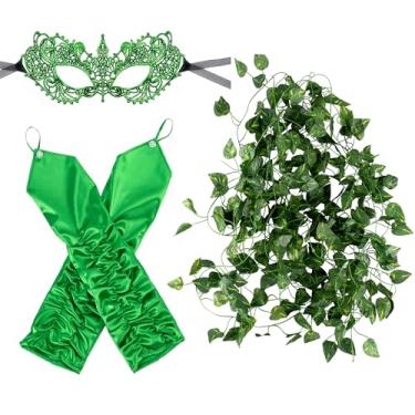 Imagem de Eybila 7 peças de acessórios de fantasia de Halloween femininas Ivy Vines máscaras verdes luvas sem dedos adulto cosplay fantasia suprimentos de festa