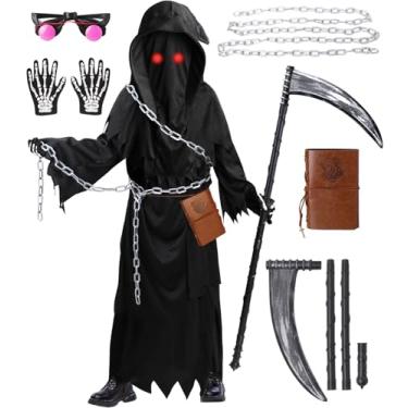 Imagem de Snwquik Fantasia de Ceifador para crianças, meninos, fantasia assustadora de Halloween com foice de ceifador/olhos brilhantes/luvas/corrente/caderno, Preto, M