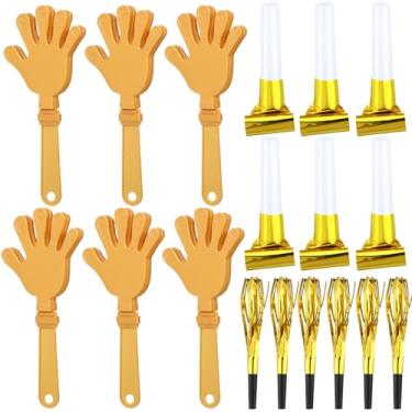 Imagem de 18 Pcs New Years Eve Party Noisemakers Supplies New Year Party Kit Includes 6 Hand Clappers 6 Plastic Blowers 6 Metallic Fringed Party Blowers for 2026 New Years Party Supplies (Gold)