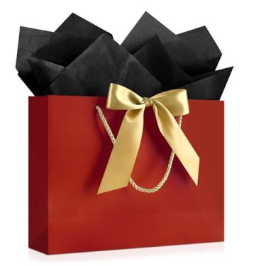 Imagem de YoungTree Saco de presente vermelho com papel de seda e 1 fita de cartão comemorativo, saco de presente de papel portátil com alças, sacos de presente de aniversário tamanho médio, sacos de presente