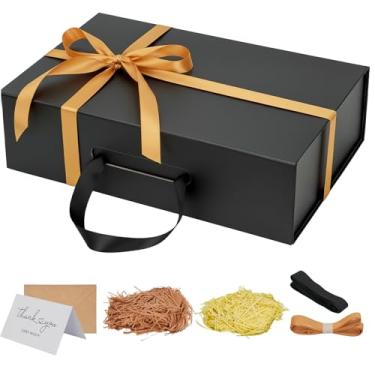Imagem de Caixa de presente preta 35,5 x 23,5 x 10,7 cm. Caixas de presente magnéticas grandes com tampas para presentes incluem fita, cartão envelope para caixa de proposta de dama de honra, aniversário