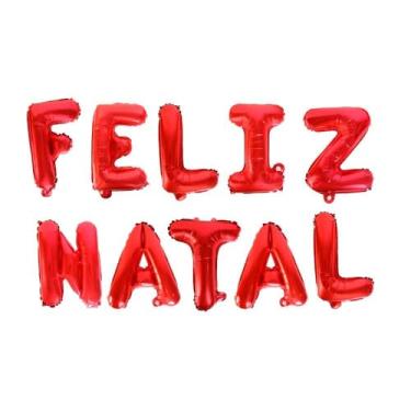 Imagem de Kit Balões Metalizados Decorativos, Vermelho, 37cm, Mensagem Feliz Natal, com Assoprador e 6 Metros de Fitilho, Material em Polietileno e PET