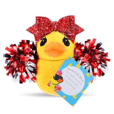 Imagem de Lenwen Pato de pelúcia com laço de pompons de 20 cm de pelúcia de pelúcia líder de torcida presente de apoio para amigos torcida (vermelho)