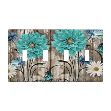 Imagem de SgEdao Capas decorativas para interruptor de luz, margarida turquesa, design floral vintage em madeira rústica, placa de parede artística de 4 grupos, capas exclusivas para interruptor de luz