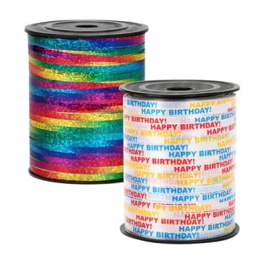 Imagem de DOVORSY Fita de ondulação, 2 rolos de 500 metros, 5 mm de largura brilhante, fita colorida a laser e feliz aniversário para decorações de Natal, embrulho de presente, decorações de festa de