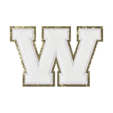 Imagem de 1 peça de patch de letra de chenille branco de 11,4 cm com borda dourada – Remendos do alfabeto para roupas, jaquetas, mochilas, chapéus para decoração personalizada, nome personalizado e artesanato