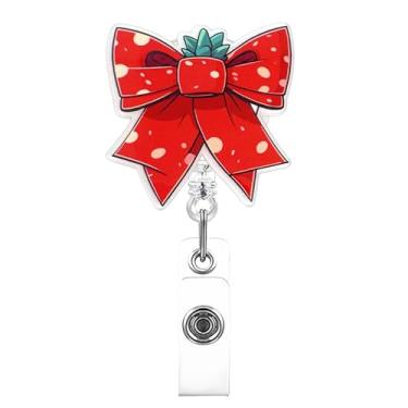 Imagem de Carretel de crachá retrátil com laço de bolinhas vermelhas de Natal para escola de enfermagem, suporte de identidade, crachá, clipe jacaré para trabalhadores de escritório, enfermeiras, essenciais