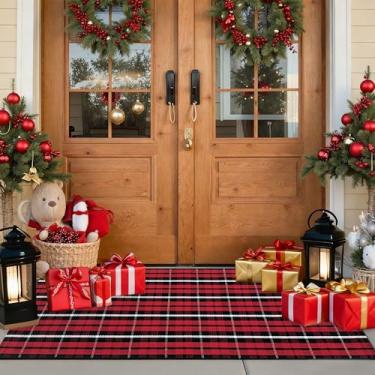 Imagem de USTIDE Tapete xadrez vermelho 6,5 cm x 1,5 m, Natal, Ano Novo, férias, exterior, porta da frente, tapete de porta em camadas, algodão tecido à mão, tapete lavável para varanda, entrada e cozinha