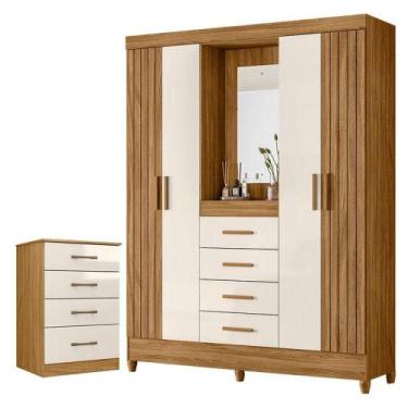 Imagem de Guarda Roupa Solteiro Com Espelho Atenas E Cômoda Ms913 Freijó Off Whi
