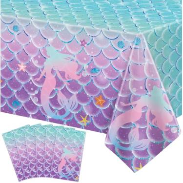 Imagem de 6 peças de toalha de mesa de sereia sob o mar, toalha de mesa de princesa, retangular, tema oceano, sereia, decorações de aniversário, suprimentos de festa de aniversário para crianças, decoração de