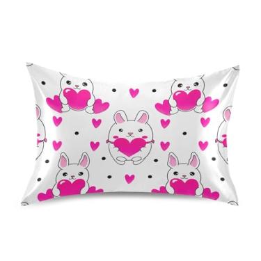 Imagem de Lindos coelhos brancos corações rosa fronhas de cetim design fofo refrescante king queen capas de almofadas de cama tamanho king size 101,6 cm x 50,8 cm