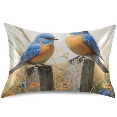 Imagem de Bluebirds Capas de almofada de cetim floral de madeira para resfriamento de cabelo, capas de travesseiro padrão King Queen estampadas para cabelo e pele, tamanho king, 101,6 cm x 50,8 cm