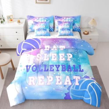 Imagem de Erosebridal Jogo de cama Eat Sleep com estampa de vôlei, 7 peças, para meninas, jogo de bola, para crianças e adultos, roxo, tie dye, graffiti, esportivo, academia, jogos, jogo de cama