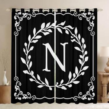 Imagem de Cortinas de janela com letra N inicial 2 conjuntos de painéis 96 cm L x 137 cm C C preto e branco tratamentos de janela drapeados presentes personalizados para mulheres homens Frends boho folhas