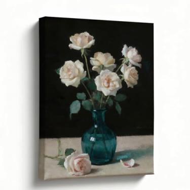 Imagem de Arte de parede em tela de flor, rosas blush em vaso azul-petróleo, reprodução de pintura a óleo elegante natureza morta, decoração de casa de quarto, sala de estar, pronto para pendurar, exibição de