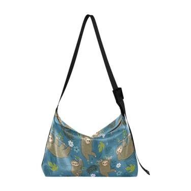 Imagem de Bolsas femininas fofas de couro com arbusto de crocodilo verde Hobo grande bolsa transversal com estampa de animal bolsas Hobo, Folhas tropicais preguiças azul-petróleo