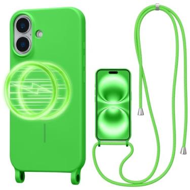 Imagem de UCASONG Capa transversal magnética para iPhone 16 Plus de 6,7 polegadas, capa de silicone líquido com alça ajustável no pescoço, [compatível com MagSafe] Capa protetora para celular - verde