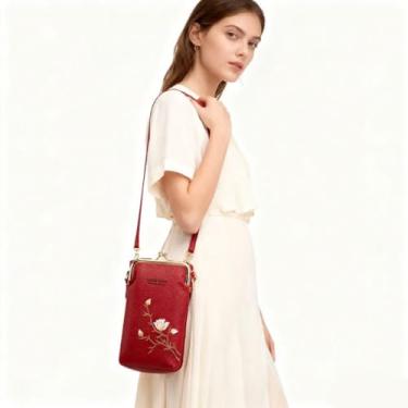 Imagem de Mini bolsa transversal feminina com bordado floral, pequena bolsa de couro para celular com alça ajustável, Vermelho, Transversal