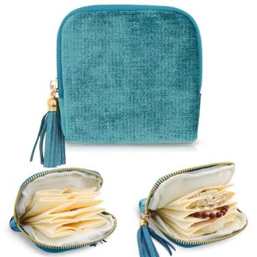 Imagem de Pequena bolsa de joias de viagem, bolsa de joias com zíper, bolsa organizadora de veludo de 6 camadas para pulseiras, brincos, antiarranhões e porta-joias portátil para viagens e uso diário (verde)