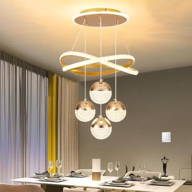 Imagem de Lustre moderno dourado com LED para mesa de jantar, luminária pendente dimerizável, ideal para ilha de cozinha, sala de jantar e sala de estar. Luminária de teto moderna com altura ajustável