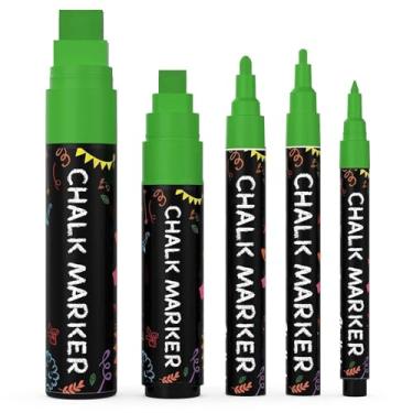 Imagem de 5 canetas de giz verdes para quadro-negro - marcadores verdes apagáveis a seco para quadro-negro, placas de negro, janelas, vidro | Pacote variado - Caneta de tinta de tamanho fino e jumbo (1 mm, 3