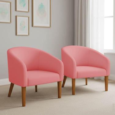 Imagem de Poltrona Sala Decorativa Kit 2 Stella Pé Madeira Trapézio Castanho Suede Rosê D03 - D'rossi