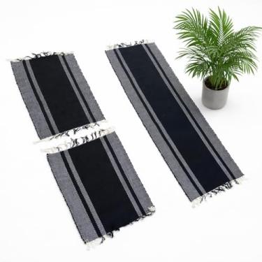 Imagem de Conjunto de Tapetes Artesanais – Passadeira 1,60 m + 2 Tapetes 76 x 45 cm – Algodão, Antiderrapante, Para Cozinha, Sala e Corredor