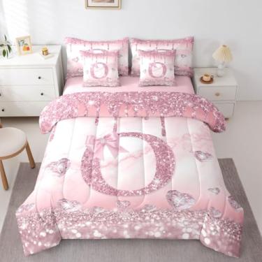 Imagem de Conjunto de edredom solteiro com monograma com inicial O, 7 peças, alfabeto rosa, personalizado, para crianças, adolescentes, laços e lençóis, moda, letras, presentes para mulheres