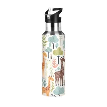 Imagem de Wassud Garrafa de água padrão selva com girafas garrafa de água esportiva de aço inoxidável com canudo garrafas de água isoladas copo portátil de viagem 623 g