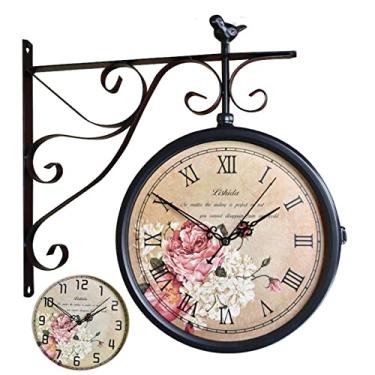 Imagem de U5GAAALPPQ9 Relógio de parede retrô de dupla face, estação ferroviária central, rotação de 360 graus, design vintage, suporte de relógio de metal com capa à prova d'água, decoração de casa para jardim