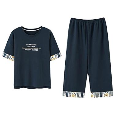 Imagem de 3FLQOOPP Conjunto de pijama feminino manga curta pijama casual roupa de casa (azul médio)