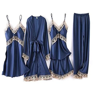 Imagem de Pijamas femininos de cetim conjuntos de pijama conjunto de roupão 5 peças roupa de dormir com decote em V renda camisola pijama com calça G Borgonha-5 peças B (azul marinho 5 peças)