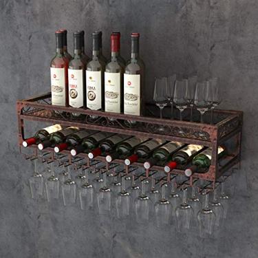 Imagem de Organizar rack de vinho industrial de cozinha com suporte de vidro, suporte de armazenamento de garrafa de vinho de metal montado na parede, prateleira de vinho vintage, para bar/cozinha/armário