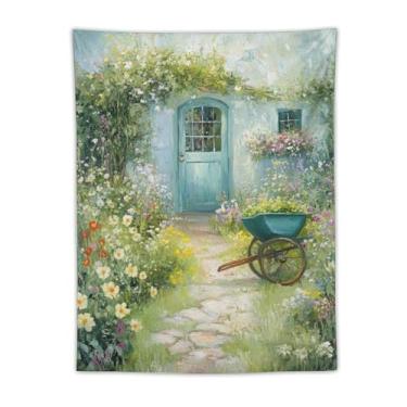 Imagem de Tapeçaria de caminho de casa de campo coberta de flores de primavera, decoração de parede de arte de flores de carrinho de mão de jardim, decoração sazonal aconchegante para sala de estar, quarto