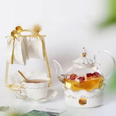 Imagem de Conjunto de pote e xícara de cerâmica para chá da tarde, pires, colher, vela, vidro de aquecimento, bule de chá, canecas de café europeias, bandeja de porcelana, conjunto de chá chinês de porcelana