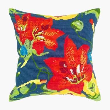 Imagem de Howie's Needlepoint Kits de bordado para adultos, kit de ponto cruz frontal de travesseiro com padrão de bordado em tela, fio, 2 agulhas e instruções, 40,6 x 40,6 cm (trepadeira trompete-azul)