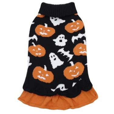 Imagem de CuteBone Vestido suéter de Halloween para cães pequenos, meninas, fantasia de cachorro de abóbora para cães médios e grandes, pulôver roupas de inverno para animais de estimação com babados e gatos
