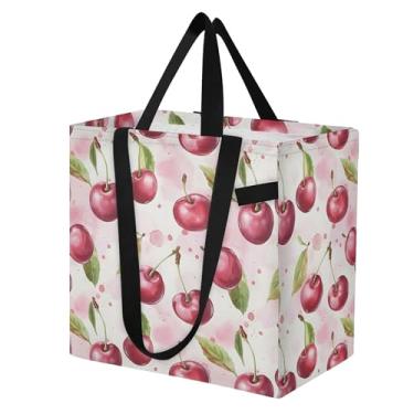 Imagem de SEHANY Sacola de compras reutilizável de cereja fofa com alças reforçadas, bolsa de compras de lona dobrável à prova d'água de grande capacidade para viagem, cozinha, praia