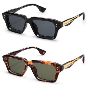 Imagem de VANLINKER Óculos de sol com armação quadrada para homens, lentes de sol hombre VL9927, Pacote com 2 lentes pretas + verde tartaruga, M