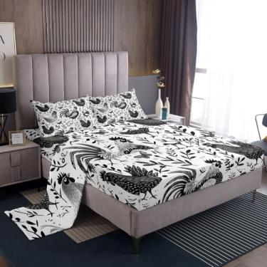 Imagem de jejeloiu Jogo de lençol casal de galinhas fofas, animais de fazenda, com bolso profundo, flor floral, macio, 4 peças com 2 fronhas