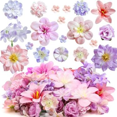 Imagem de QUOZUO 70 peças de mini cabeças de flores artificiais, roxo e rosa, peônia, margarida, rosa, misturas de flores, rosas sintéticas, para artesanato, formatura, casamento, chá de bebê, faça você mesmo