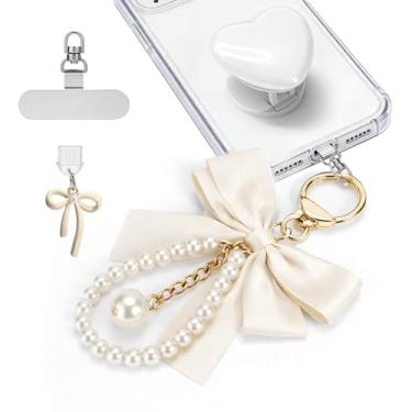 Imagem de AIERSA Conjunto de pingente e corrente de telefone 5 em 1 - aba universal de aço inoxidável, alça de telefone coração de resina, corrente de arco de pérola, gancho de coração, plugue de poeira USB C