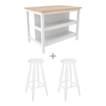 Imagem de Ilha Cozinha + 2 Banquetas Ditália 2 Pratel. Branco Cd-1019