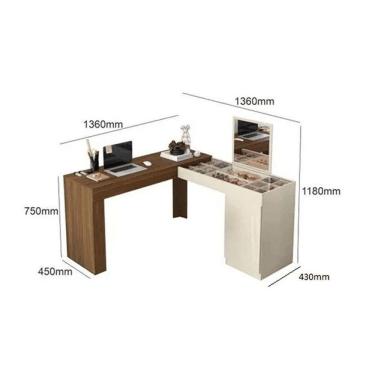 Imagem de Escrivaninha Penteadeira Canto Star Com Painel Fixo Espelho E Colmeia Separatória Design Moderno - Freijo Off White