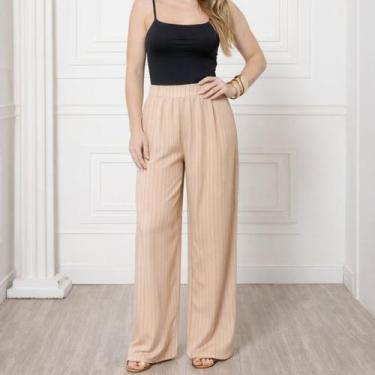 Imagem de Calça Pantalona Feminina Listrada de Alfaiataria com Elástico e Bolsos