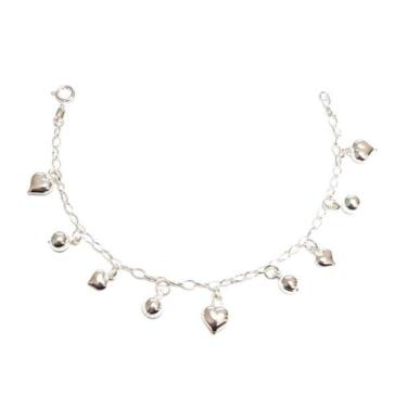 Imagem de Pulseira Prata Berloque Com 5 Corações E 4 Bolas 5Mm