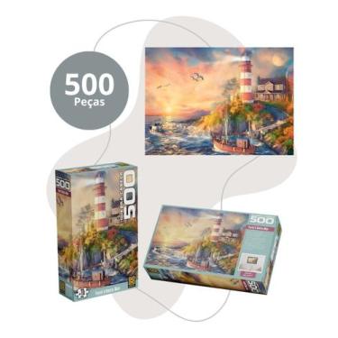 Imagem de Quebra Cabeça 500 Peças Farol à Beira Mar Paisagem com Pôr do Sol 49,5