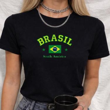 Imagem de Babylook Algodão Estampa Brasil South America Copa do Mundo Futebol Jo