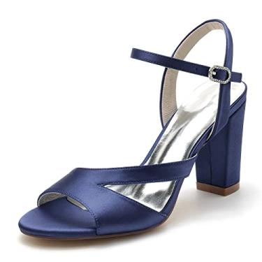 Imagem de Sapatos de noiva de cetim femininos de salto alto grossos marfim Peep Toe sapatos sapatos sociais 36-43,Dark blue,4 UK/37 EU