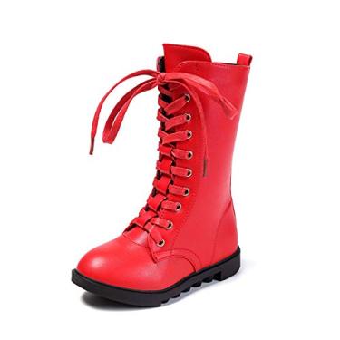 Imagem de Botas de equitação de salto baixo com cadarço até o meio da panturrilha para meninas botas de equitação de couro infantil com zíper lateral de couro para crianças botas de outono e